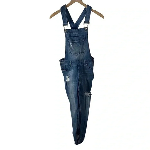 Blue Spice Size 7 Bib Overalls Distressed Blue Denim Jean Festival Boho - Picture 1 of 11